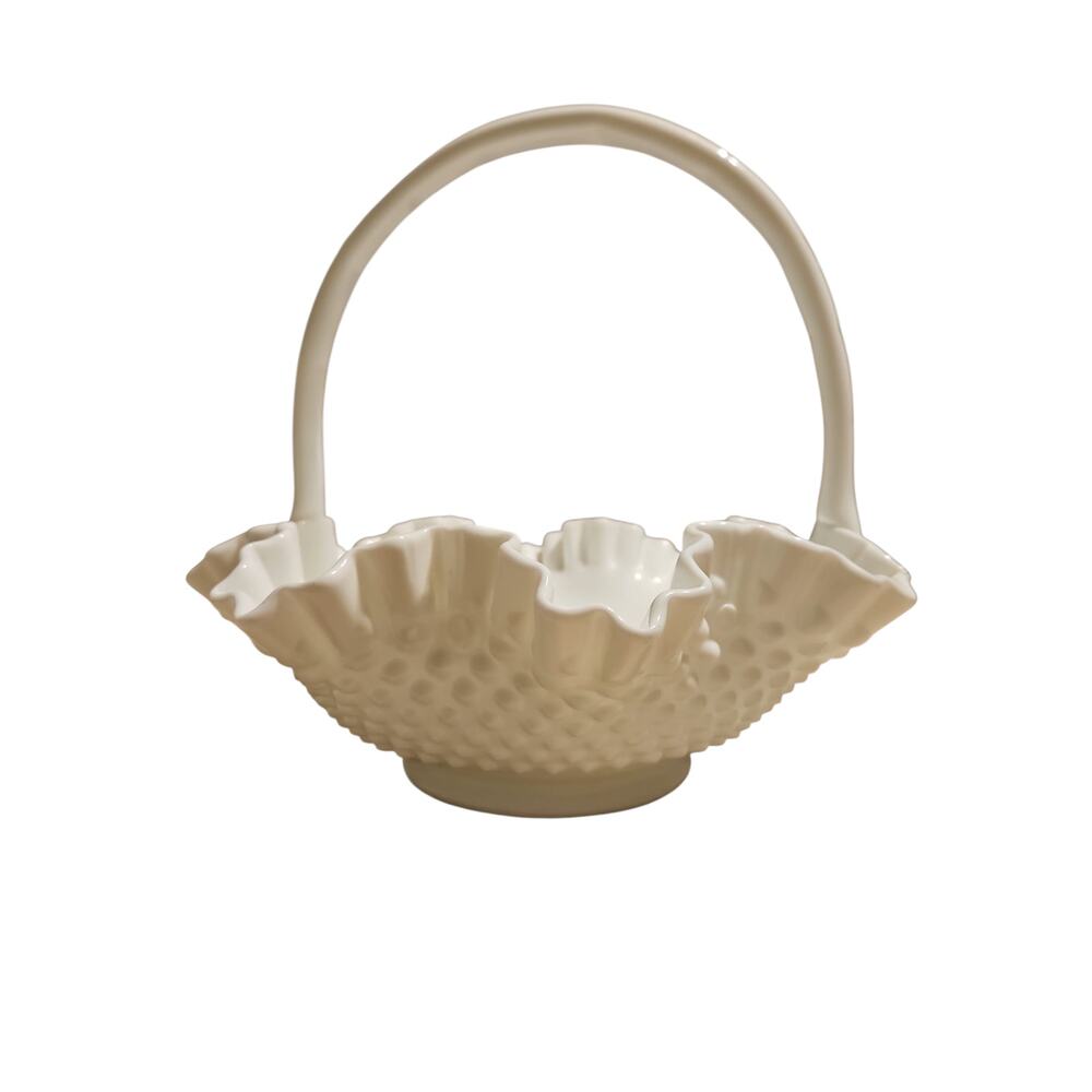 Large 11” VTG Fenton Milk Glass Hobnail Ruffled Edge Basket With Handle